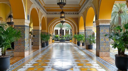 Fototapeta premium Ornate interior courtyard with arched walkways and colorful tile work. Lush greenery adds to the ambiance