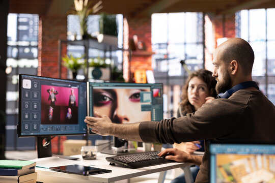 Creative team works with AI chatbot and editing software to improve digital photography. The futuristic application applies machine learning and automation to generate high quality images.