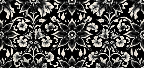 Fototapeta premium Intricate black vintage floral wallpaper, seamless repeating pattern, paisley, vintage