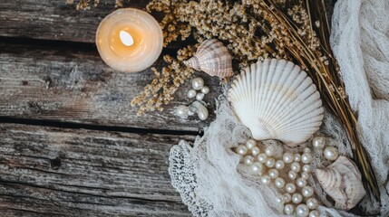 Coastal Decor, Candle, Shells, Pearls