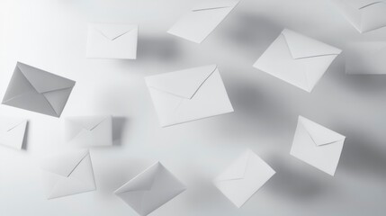 Floating mail envelopes.  Many white and gray envelopes in mid-air