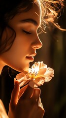 A serene moment of a woman gently holding a flower, embodying tranquility and connection with nature, illuminated by soft light.