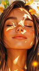 A serene portrait of a woman basking in sunlight, surrounded by autumn leaves, evoking peace and natural beauty.
