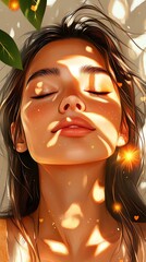 A serene portrait of a woman basking in sunlight, surrounded by natural elements, embodying tranquility and inner peace.