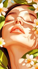 A serene portrait of a woman surrounded by delicate flowers, embodying tranquility and natural beauty in soft light.