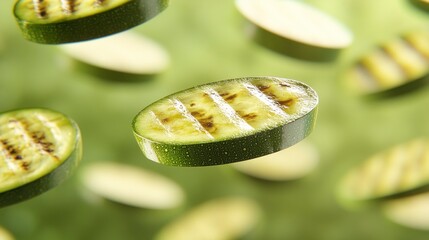 Grilled zucchini slices, hovering in the air
