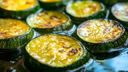 Roasted zucchini slices.  Golden-brown, crispy slices of zucchini, glistening with oil.  Perfectly cooked and ready to eat