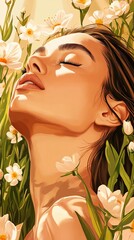 A serene woman surrounded by vibrant flowers, enjoying the beauty of nature and embracing tranquility in a sunlit moment.