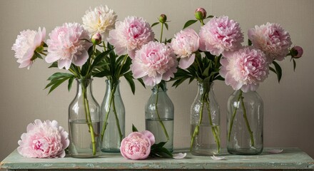 Obraz premium Arrangement of Pink Flowers in Glass Vases on Wooden Table