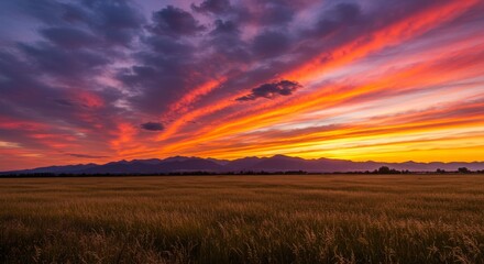 Dramatic Sunset Over Field and Mountains with Vibrant Sky
