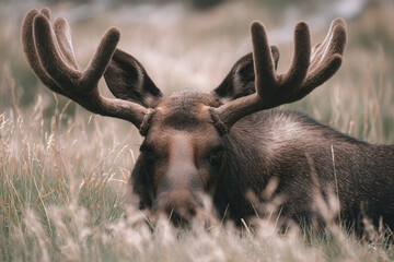 a moose with large antlers laying in a field