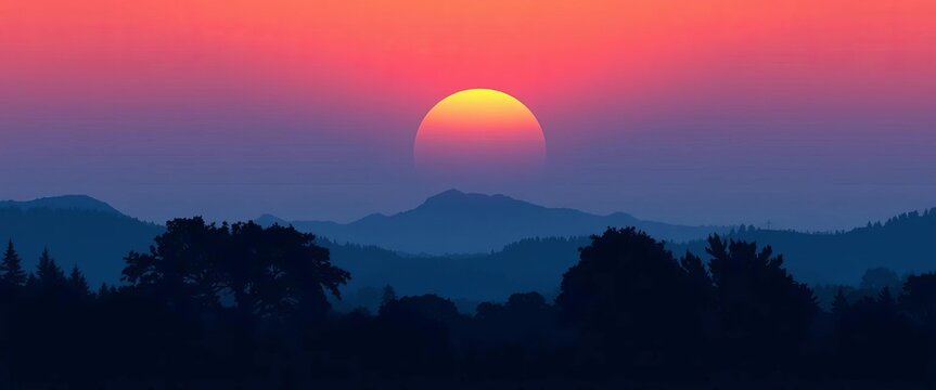 Dark silhouettes of trees against a sunset landscape  A flat design vector illustration ideal for backgrounds,  graphic,  travel