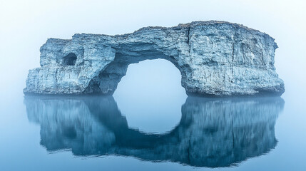 A majestic rock arch rises through fog at sunrise, its reflection shimmering on calm water—symbolizing mystery, resilience, transition, and the quiet strength of nature’s passageways.
