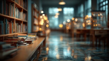 Cozy library with bookshelves, and warm lights.
