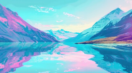 Pastel Mountain Lake Reflecting Symmetrical Sky and Peaks at Sunset