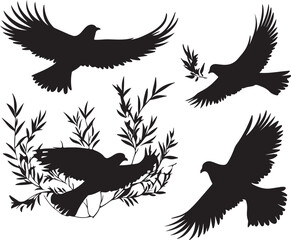 Obraz premium Black Silhouette of Doves Flying with Olive Branch, Peace Bird Vector Illustration Art