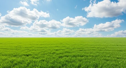 Obraz premium Green Field Under a Blue Sky with White Clouds Landscape