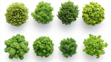 Cutout top view set of 3D rendered trees for landscaping design, displayed on a clean white background, ideal for architectural visualization, planning, and outdoor project mockups.

