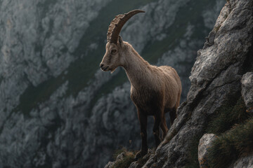 a goat standing on a rocky cliff with a mountain in the background