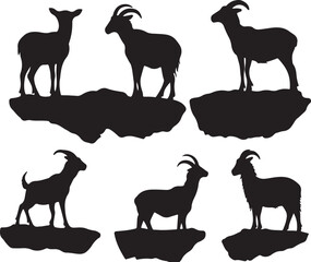 Silhouette of Goats on Rocks Vector Illustration Wildlife Animal Clip Art Graphic Design