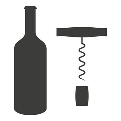 Wine bottle, corkscrew and cork. Flat vector illustration isolated on white background.