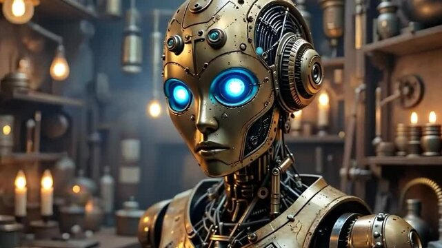 Close up of a steampunk robot with glowing blue eyes in a workshop environment setting indoors