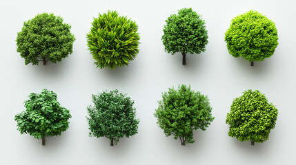 Cutout top view set of 3D rendered trees for landscaping design, displayed on a clean white background, ideal for architectural visualization, planning, and outdoor project mockups.

