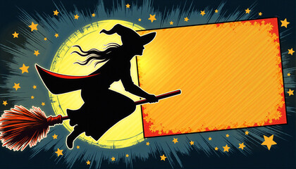 Witch riding broom with blank banner against a full moon background  