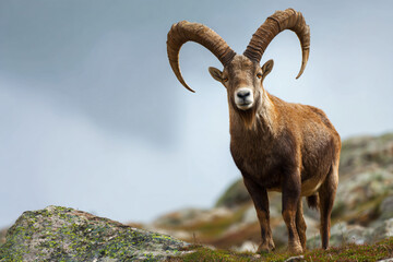 Obraz premium a goat standing on a rocky hill with a cloudy sky in the background