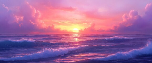 Serene ocean sunset with vibrant pink clouds and gentle waves, artistic rendering
