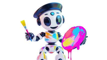 Cute Robot Painter Holding Colorful Palette and Brush