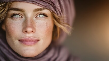 Close up Portrait  Serene Woman  Soft Light  Freckles  Headscarf  Neutral Background
