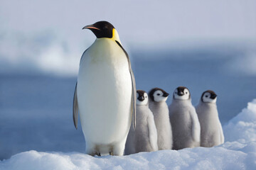 Obraz premium a penguin and her chicks stand on a snow covered hill