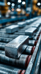 Electric battery pack assembly line in a high-tech factory setting, featuring sleek white, gold, and silver components with a bright metallic tone, symbolizing clean energy and advanced manufacturing.