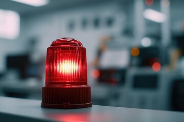 A bright red flashing emergency light sits on a ledge in a blurred industrial setting