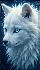 Fantasy illustration of a white arctic fox with glowing blue eyes. Detailed fur texture and mystical atmosphere, perfect for fantasy, wildlife, or magical creature themes.