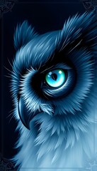 Digital illustration of a majestic blue owl in close-up. Featuring detailed feathers, sharp beak, and a glowing aqua eye. Perfect for fantasy, wildlife, or mystical-themed designs.