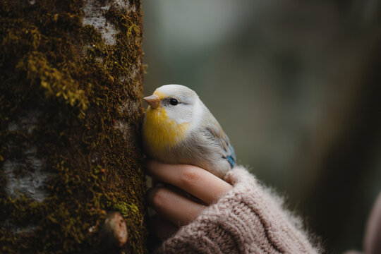 a small bird perched on a tree trunk