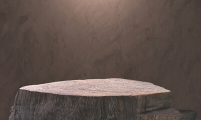 Rock Stone Podium on Gray Cement Loft Wall Background in Monochrome style with Studio Lighting on Surface for Product Display Presentation Vintage Backdrop Design