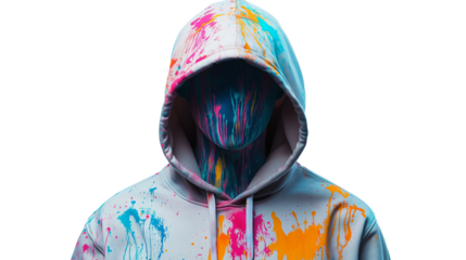 Hooded Figure Wearing Paint-Splattered Hoodie Against White Background
