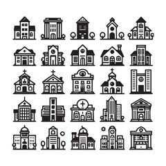 Essential City Icons Set: Bank, Shop, Hotel, Hospital, Home & More