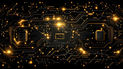 A symmetrical gold and black circuit pattern forms an abstract tech background—symbolizing precision, luxury, innovation, digital intelligence, and the elegance of modern connectivity.
