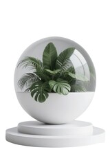 Tropical plant in glass sphere on white pedestal isolated on white background