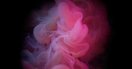 Pink smoke. Cloud splash. Vivid color fume mixing blow on black texture. Art paint blur explosion in dark liquid abstract background.