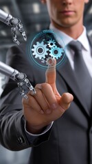 A businessman engages with a digital interface featuring moving gears while a robotic arm assists in an industrial design setting. The focus is on innovation and technology