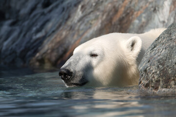 a polar bear is swimming in the water