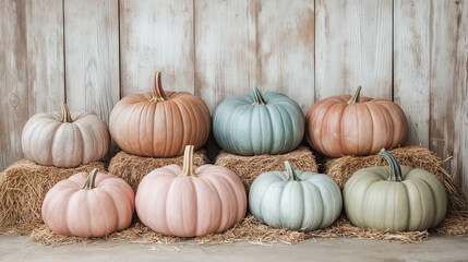 Pastel Colored Pumpkins Arranged on Rustic Wooden Surface