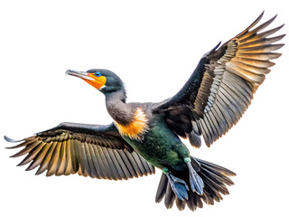 Fototapeta premium Flying cormorant, wings spread, white background