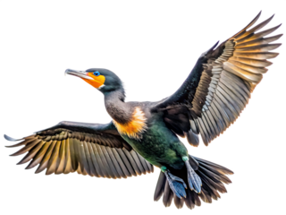 Flying cormorant, wings spread, white background