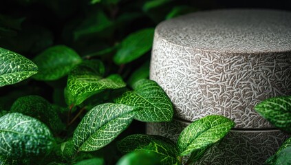 A cylindrical container with a textured, light-grey surface, patterned with etched lines, sits nestled amongst vibrant green foliage